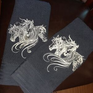Hand Crafted Black and White Horse Embroidered Towels